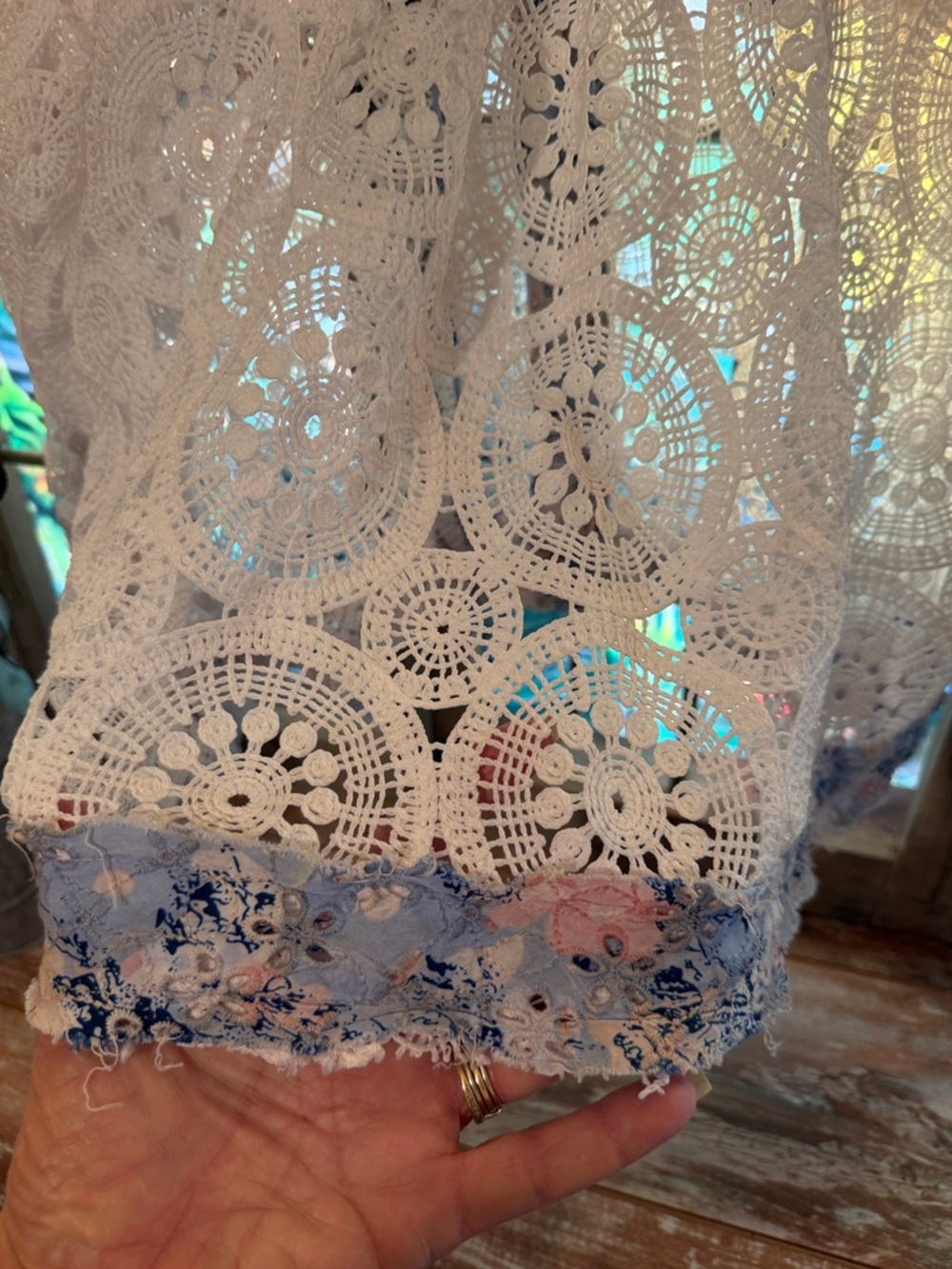 POL Sheer White Crochet Hooded Jacket with Blue Accents - Picture 9 of 9